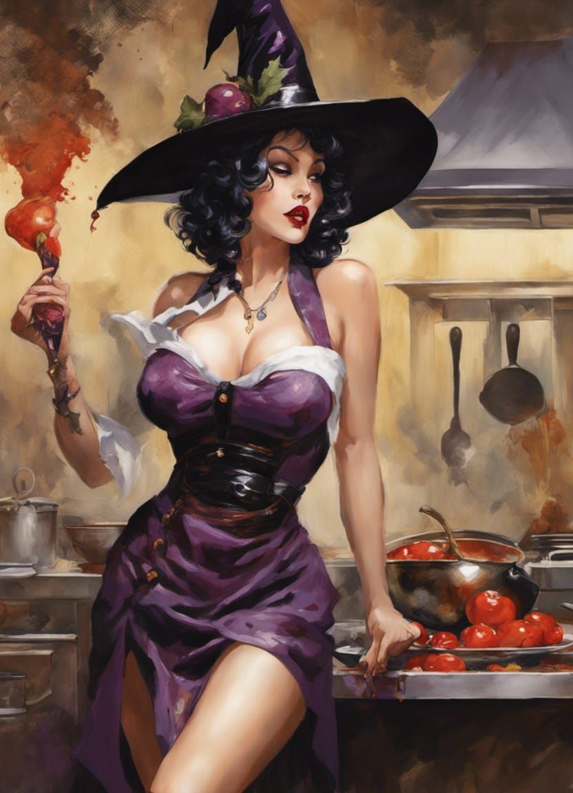 Pin-Up Witch Chef with Eggplant, Digital Art
