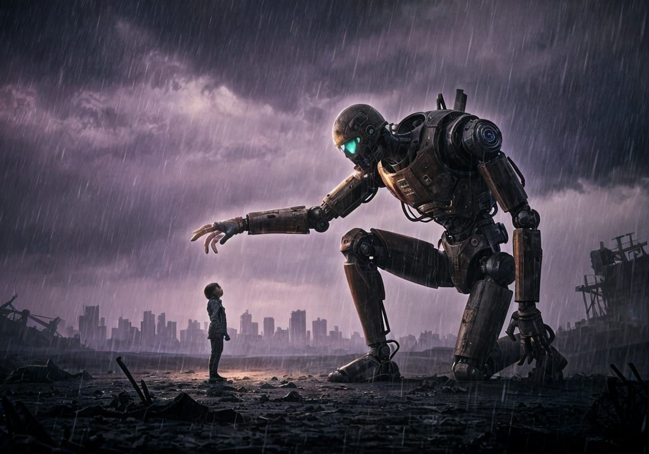 Giant Robot Protects Child in Dystopian Rainstorm