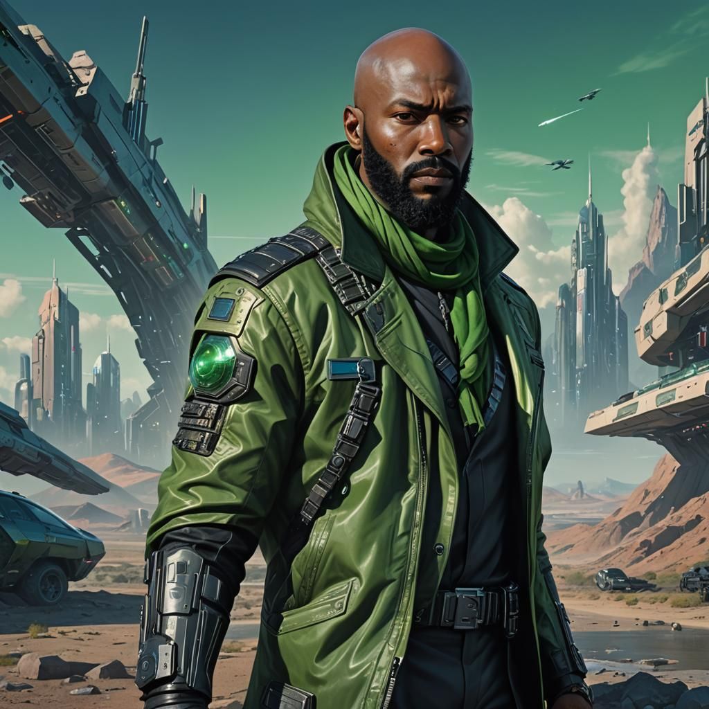 Cyberpunk Portrait: Bald Man with Cybernetic Arm