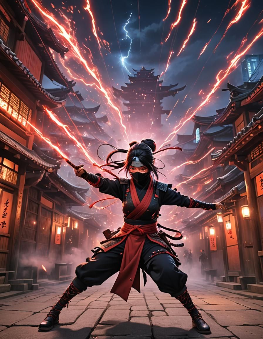 Ninja Girl Unleashes Lightning in Edo City, Art Brut Style