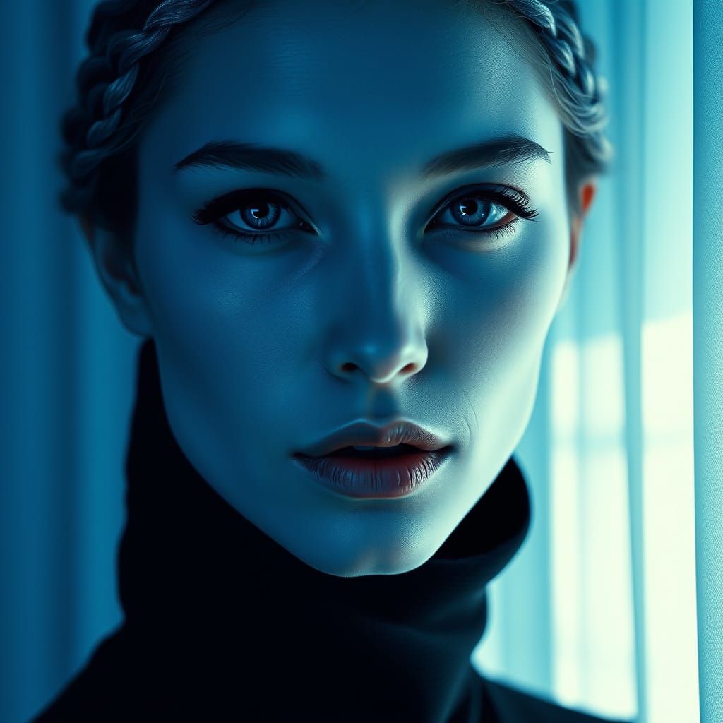 Woman's Face in Bold Blue Light, High Contrast