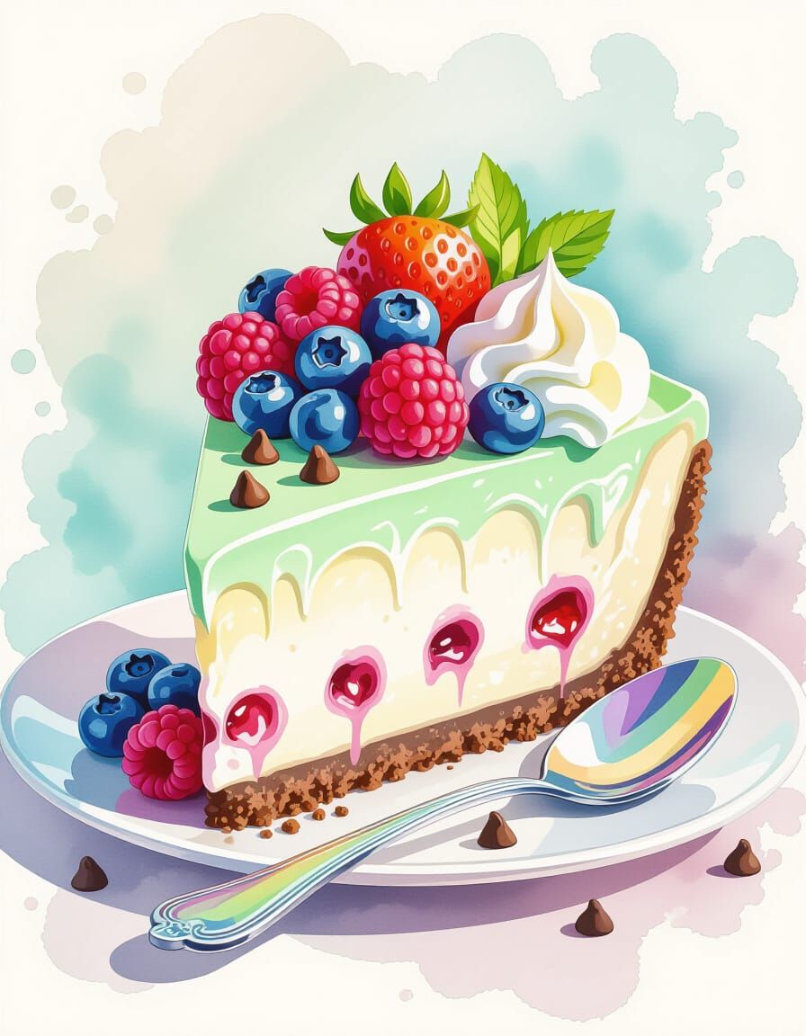 Mint Chocolate Cheesecake Slice with Berries in Watercolor S...