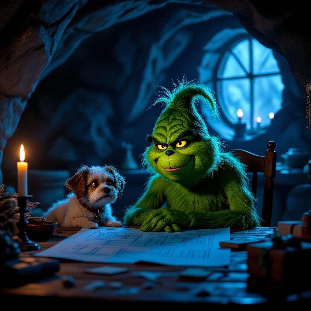 Grinch and Dog Plotting Christmas Ruin in Cave