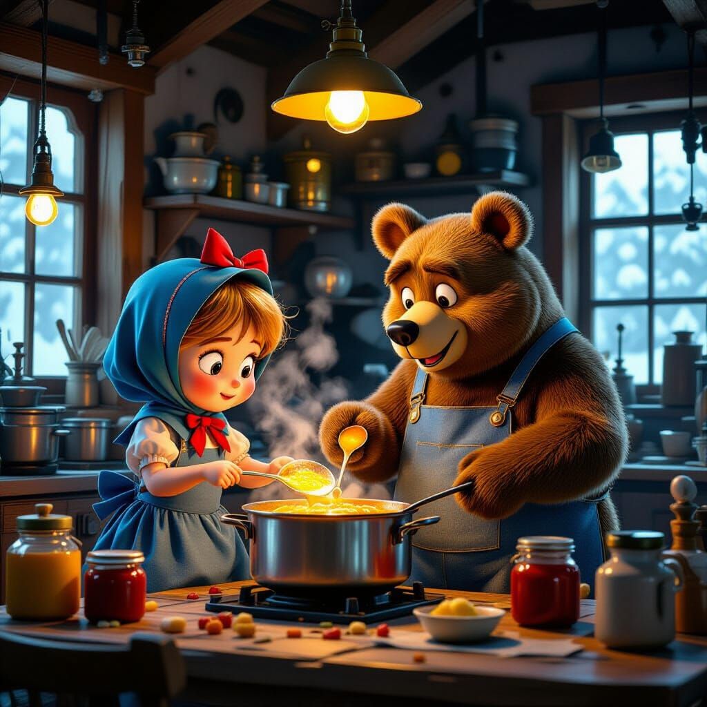 Masha and Bear Boil Jam in Machinarium Hyperpunk Kitchen