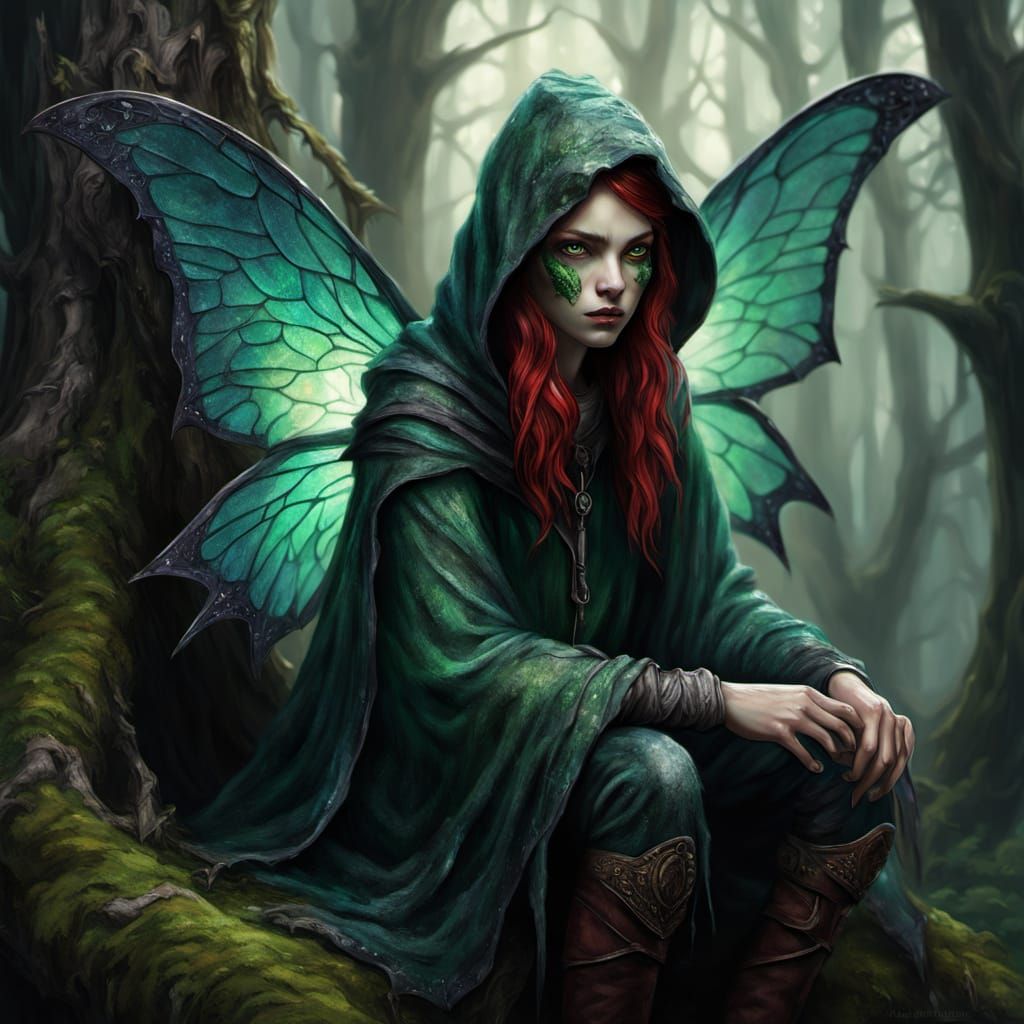 Mysterious Fairy on Ancient Tree, Painterly Fantasy Art