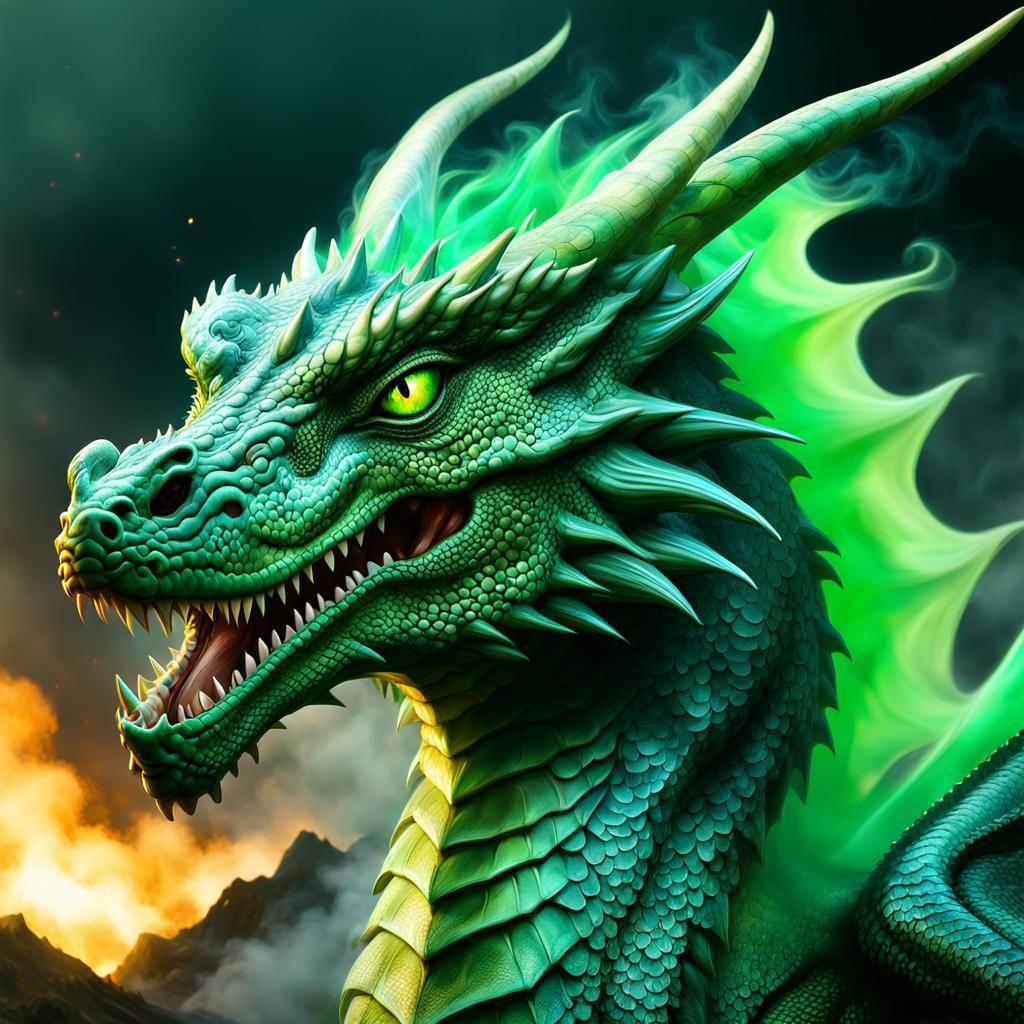 Miasmal Smoke Dragon Portrait with Green Fire