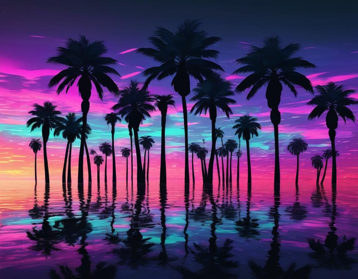 Synthwave Sunset on Alien Planet with Palm Trees