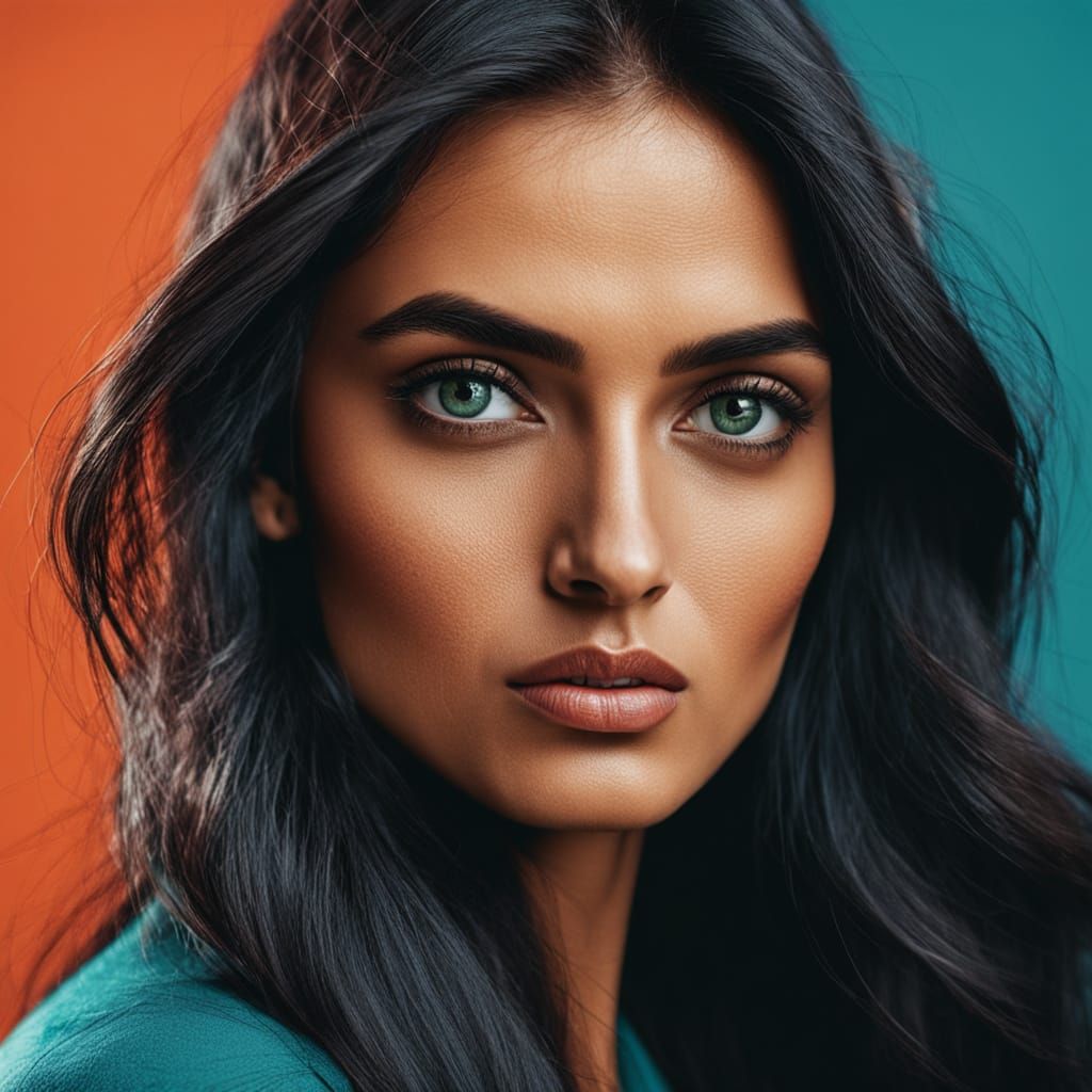 POP ART: The geometric patterns portrait of a young Indian woman, the artwork has a painterly style, with visible geomet...