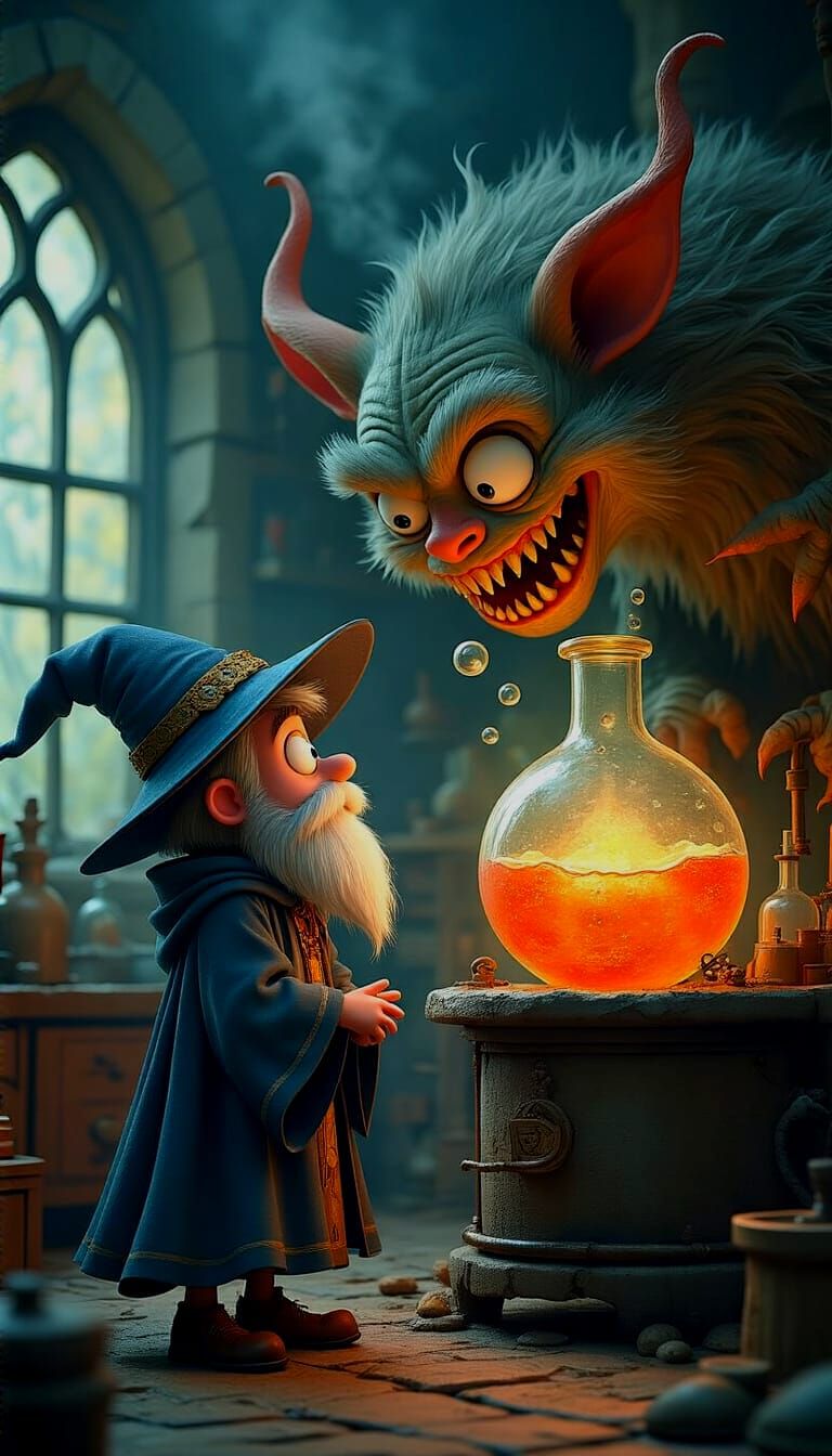 Shocked Apprentice Faces Surreal Monster: Whimsical 3D Carto...