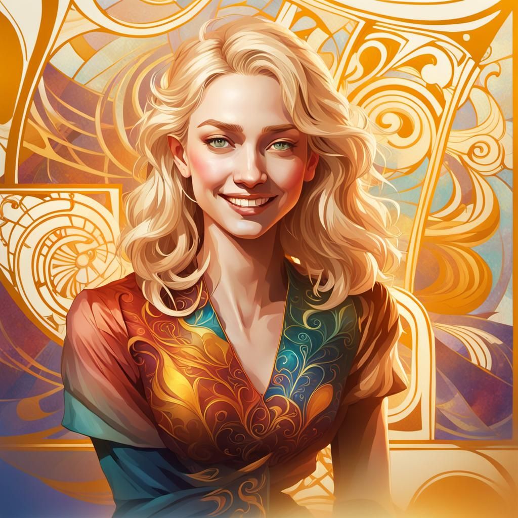 Smiling Blonde Female Portrait in Art Nouveau Style