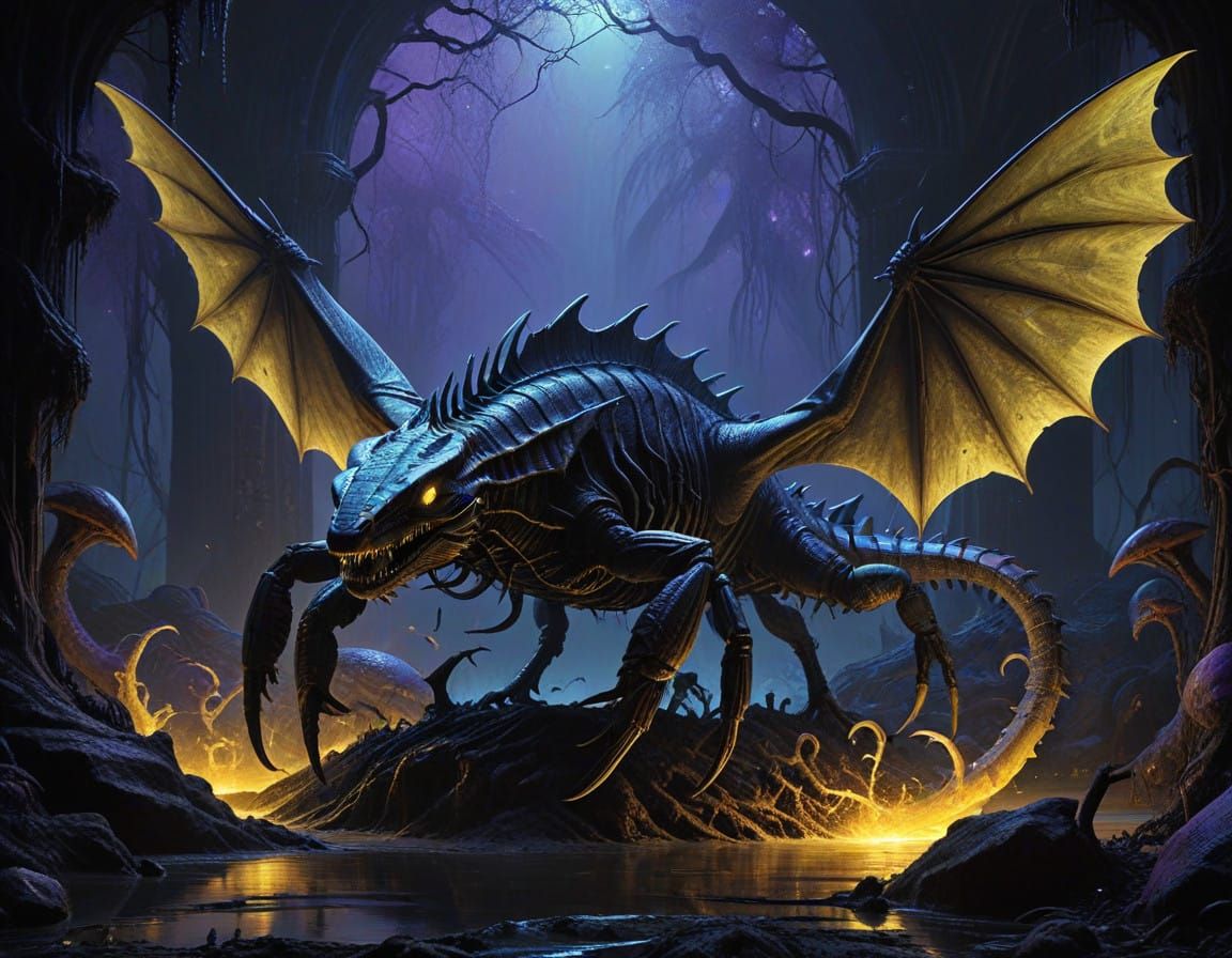 Gigeresque, Mythical Creature in Dark, Atmospheric Splash Sc...