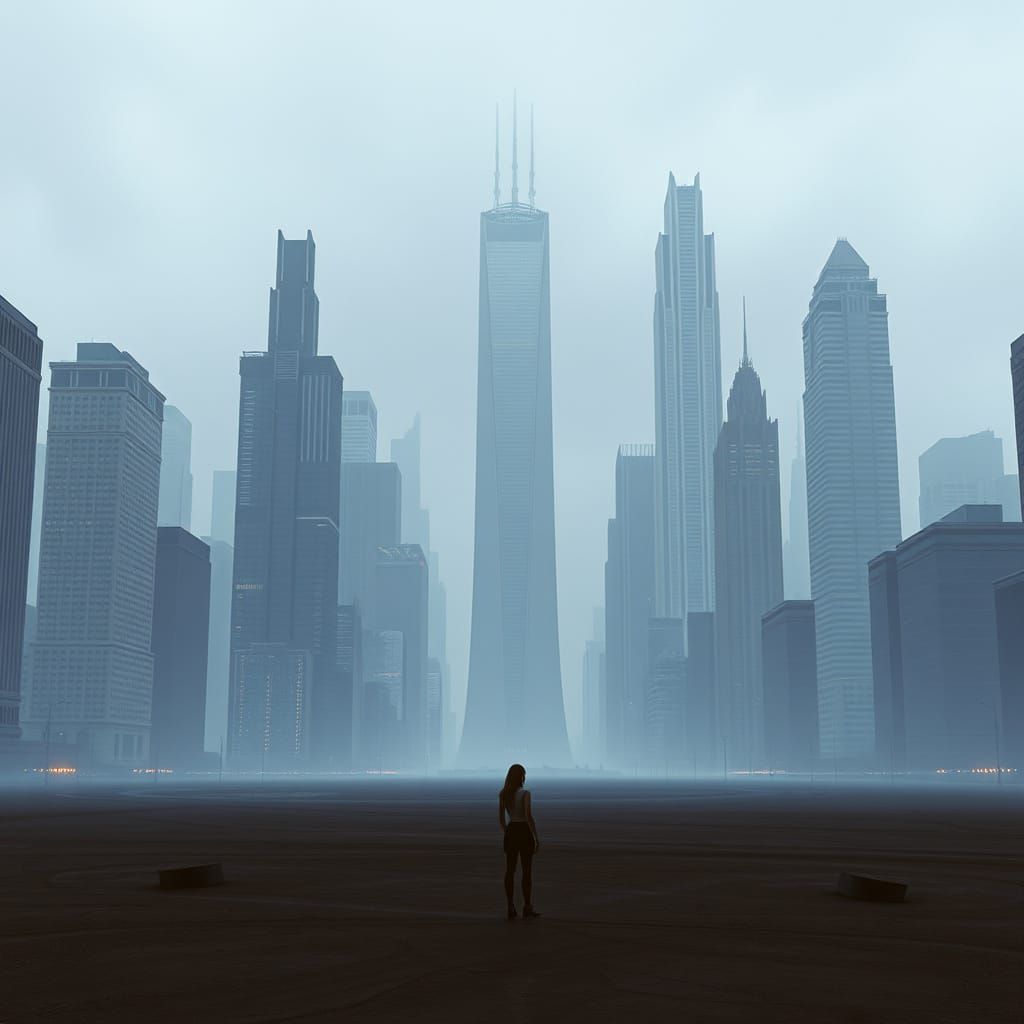 Dystopian Futurism in Grey Cityscape