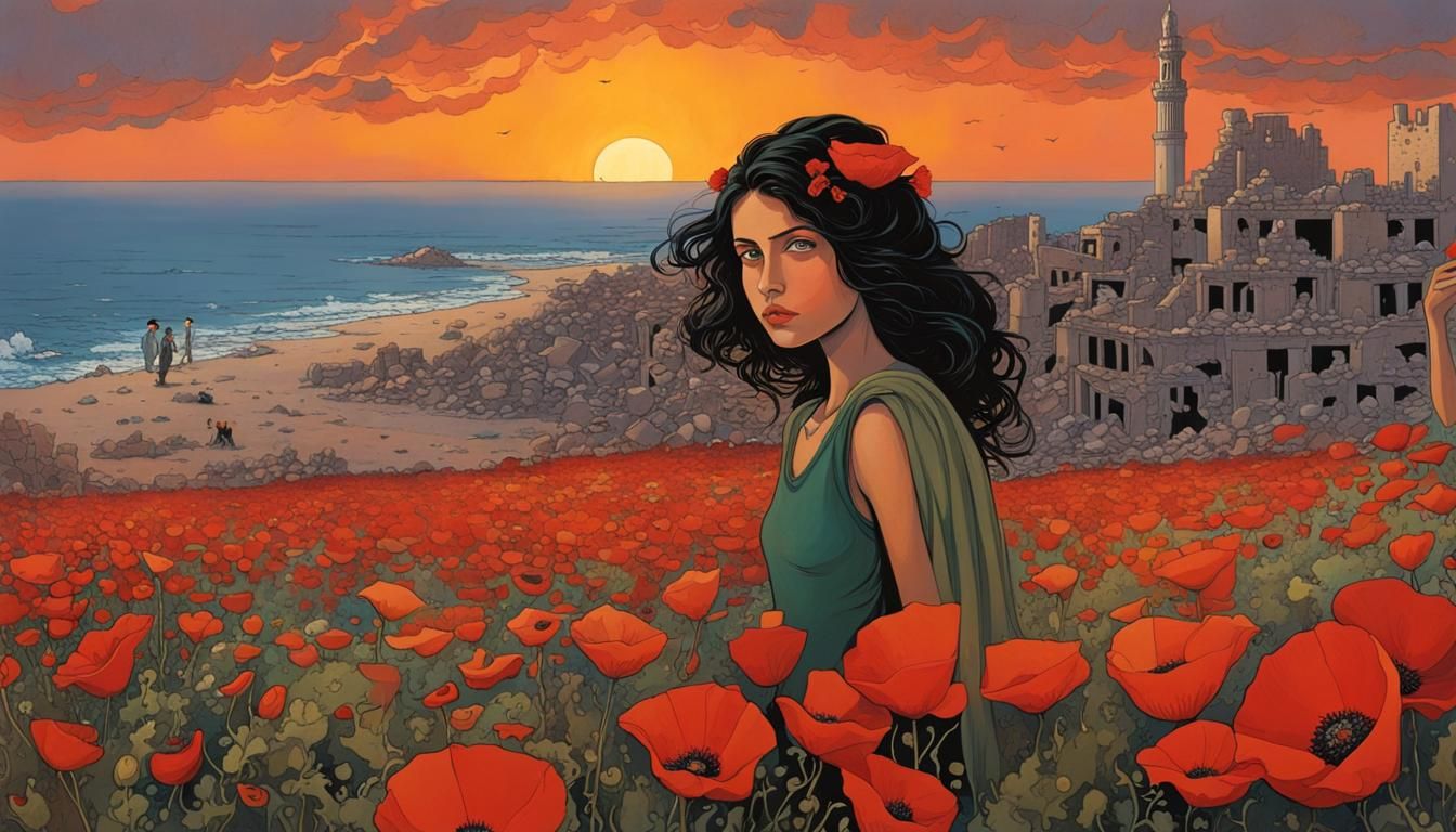 Girl Among Gaza Rubble with Poppies, Surrealist Style