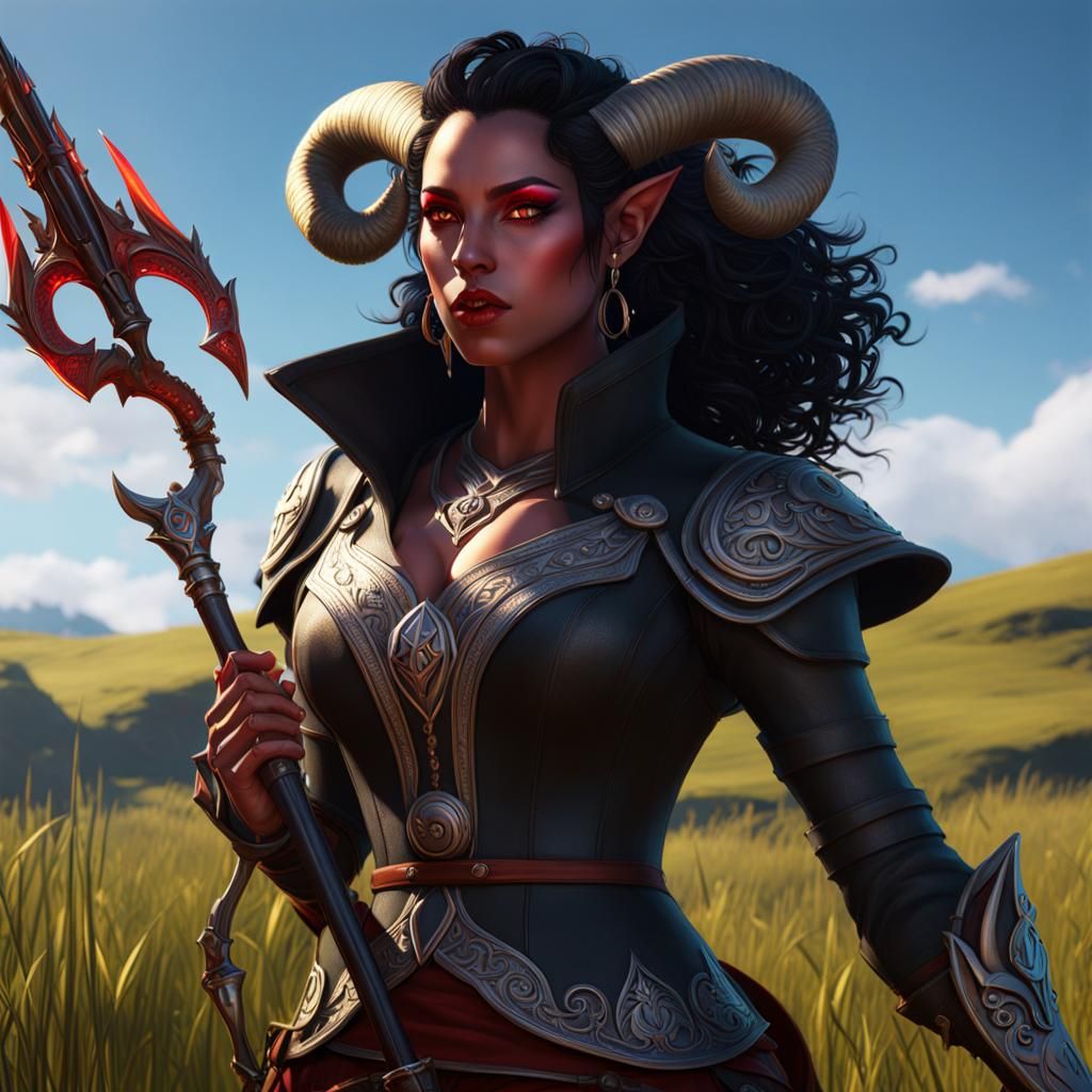 Tiefling Bard on Grassy Landscape: Dark Fantasy Concept Art