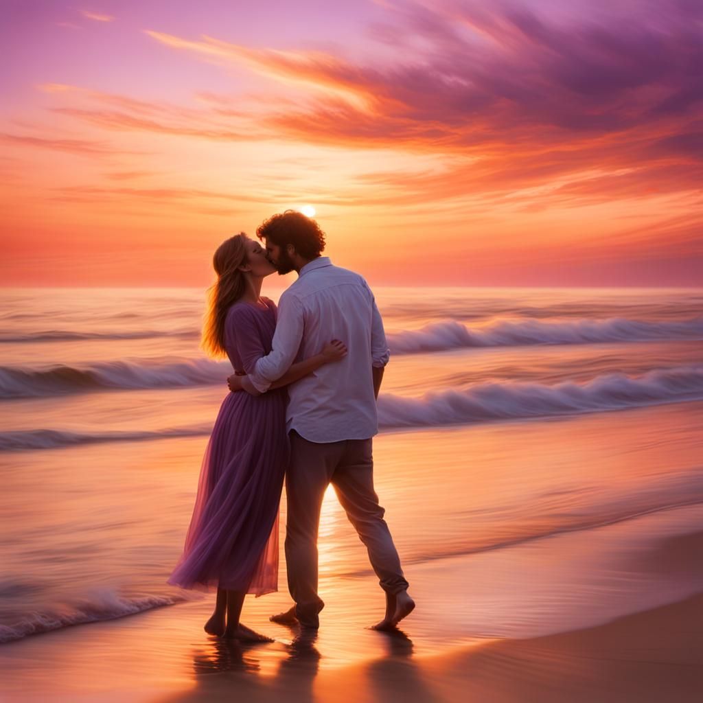 Romantic Beach Sunset Kiss in Soft Focus Realism