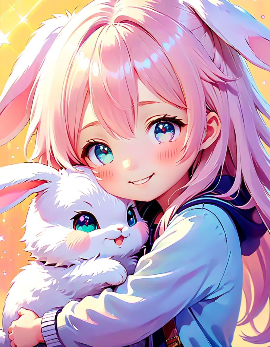 Anime Child and Rabbit Hug in Kawaii Style