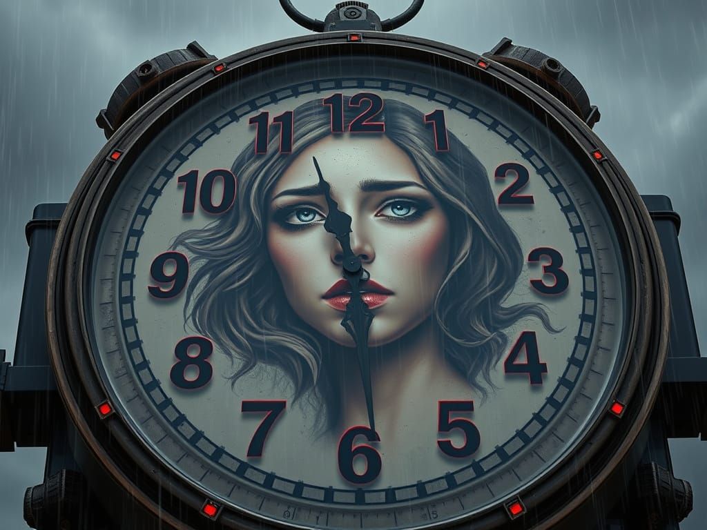 Clockpunk: Depressed Woman's Face in Stormy Clock