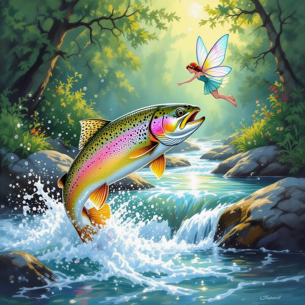 Rainbow Trout Chasing Fairy in Mountain Stream