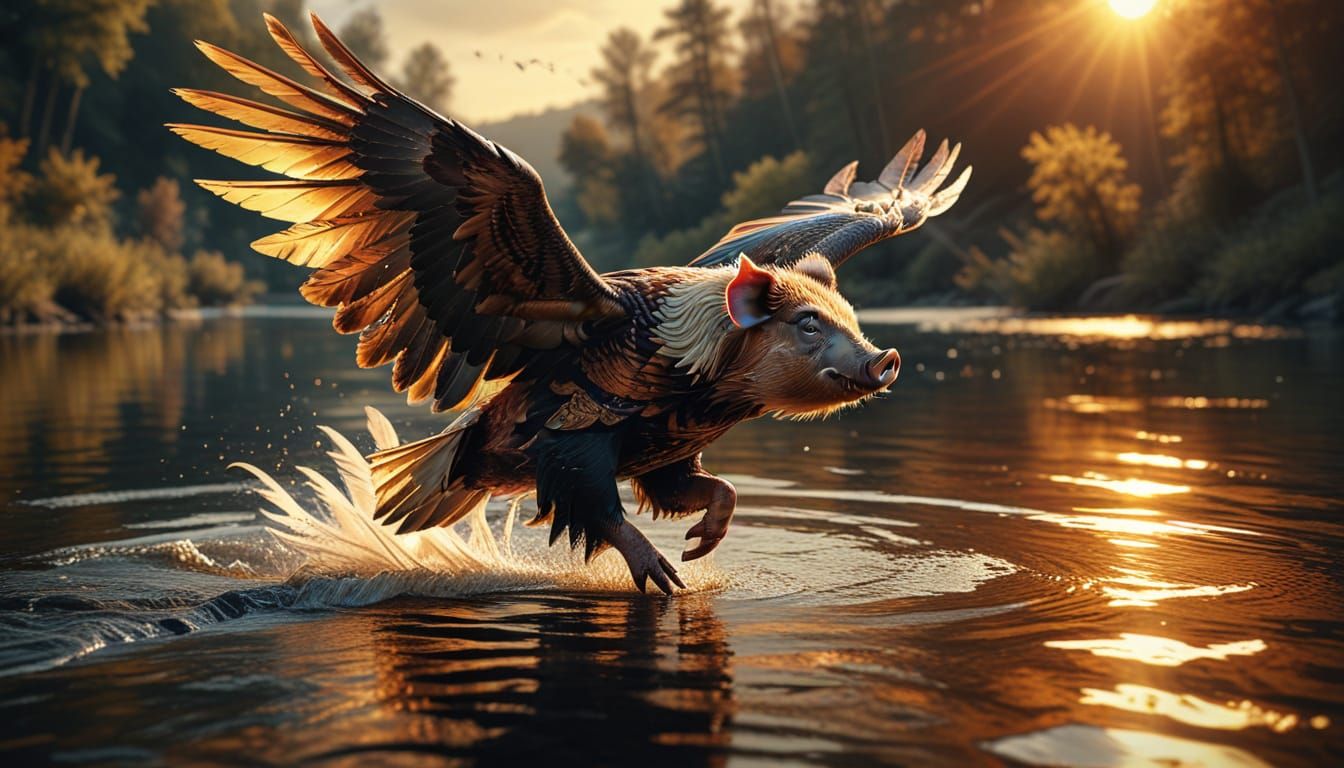 Pig-Eagle Soaring Over River in Hyperrealistic Style