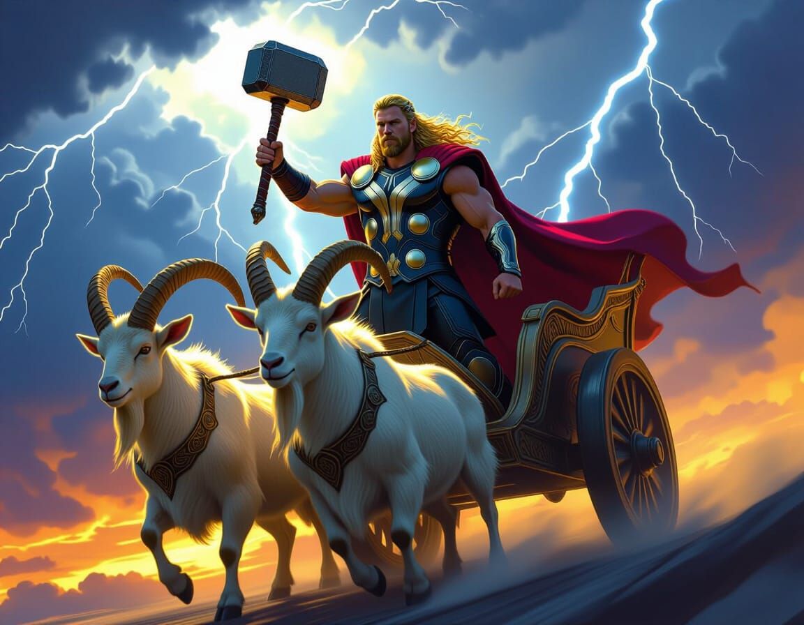 Thor in Chariot Pulled by Goats, Dark Fantasy Art