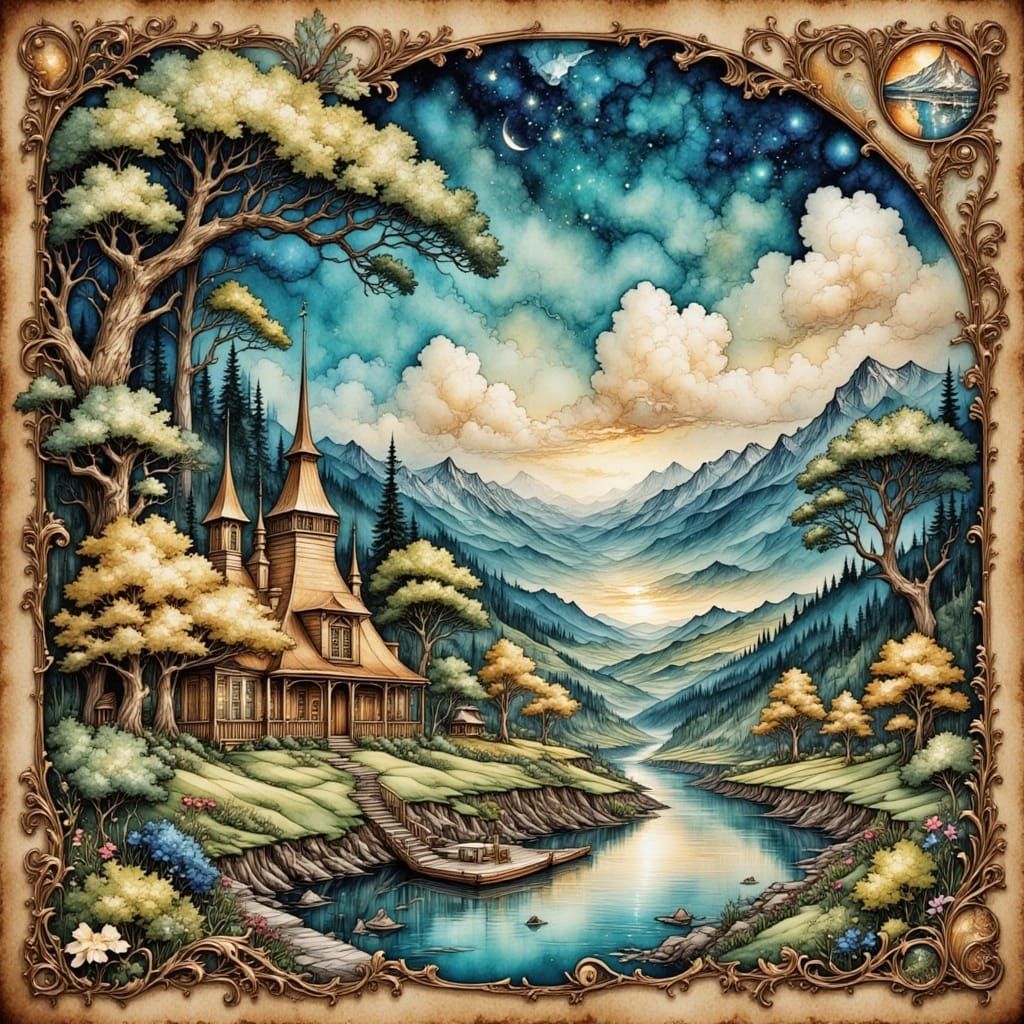 Vintage Garden Gnome in Cosmic Inkwash Digital Art