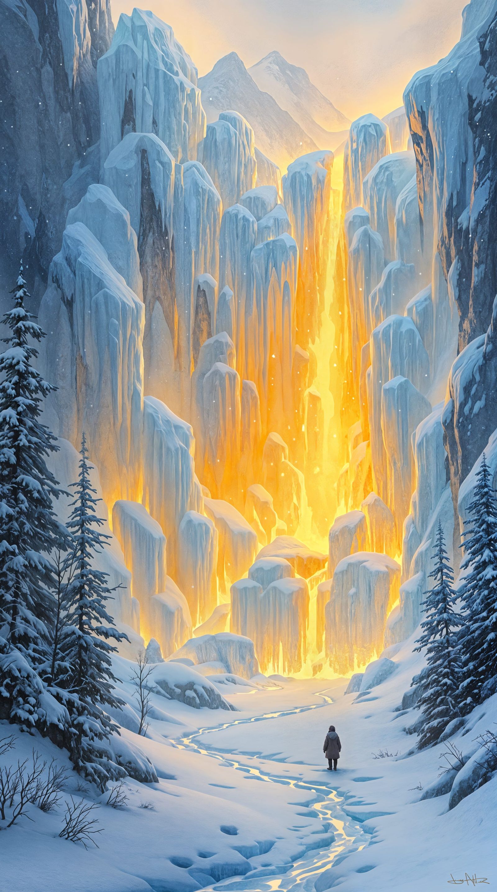 Golden Falls in a Snowy Valley