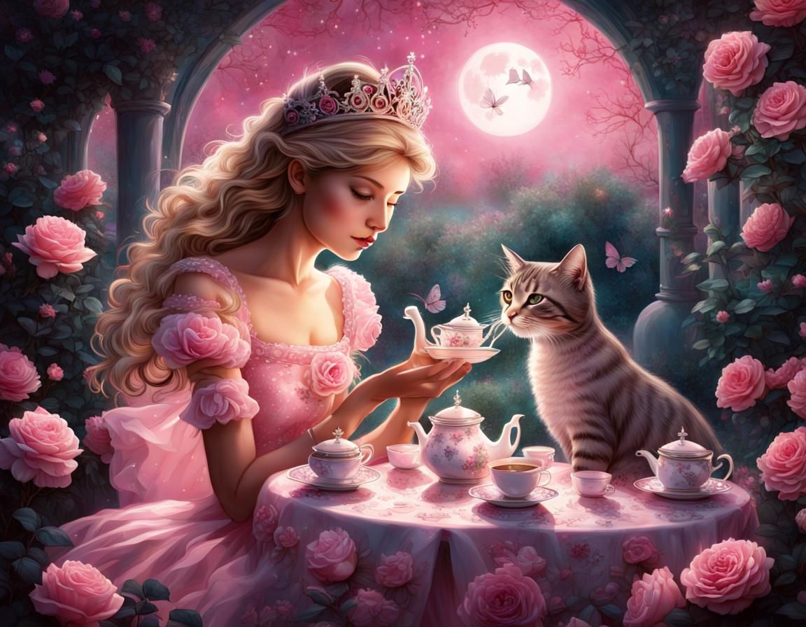 Princess Tea Party in Rose Garden: Digital Illustration