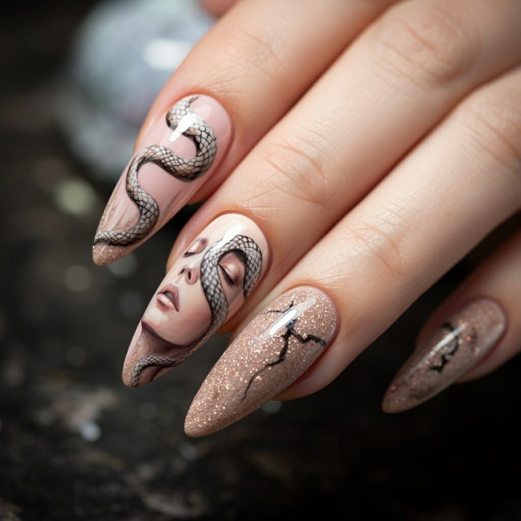 Elegant Nail Art with Glitter and Snake Design