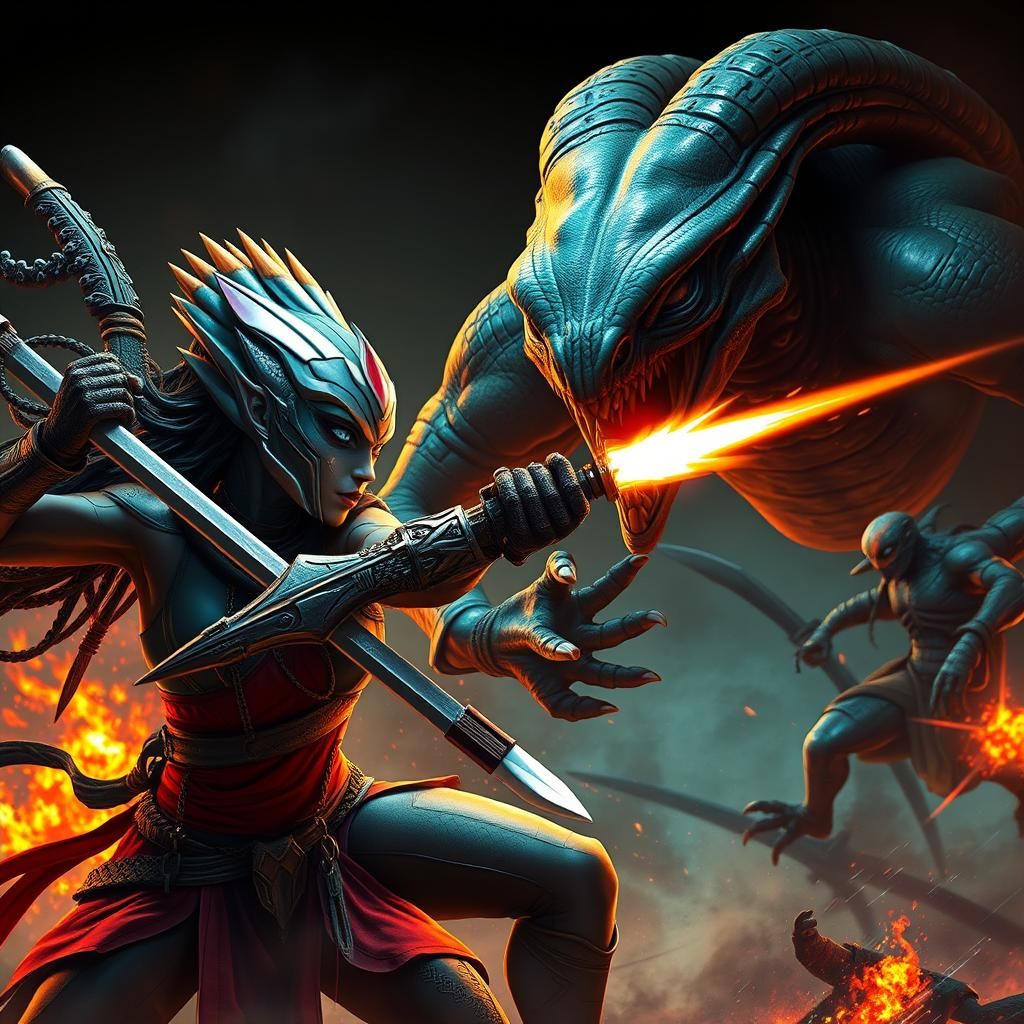 Avatar Woman Warrior Versus Lizard Alien in Detailed Matte P...