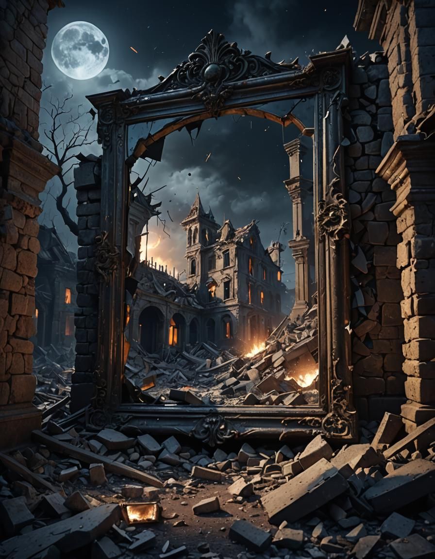Ruined House with Broken Mirror in Moonlight