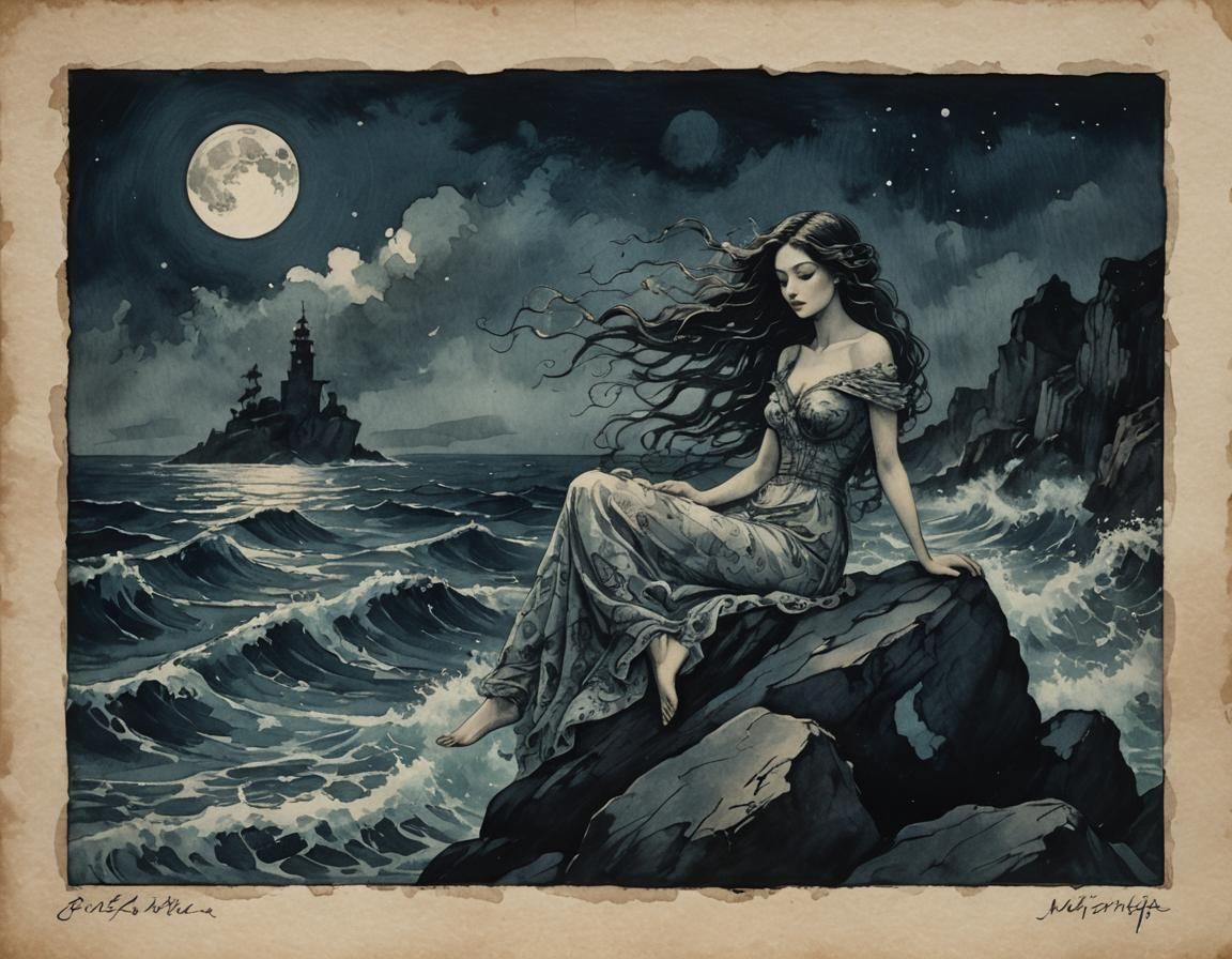 Ethereal Siren Rests on Rocky Coast at Sunset