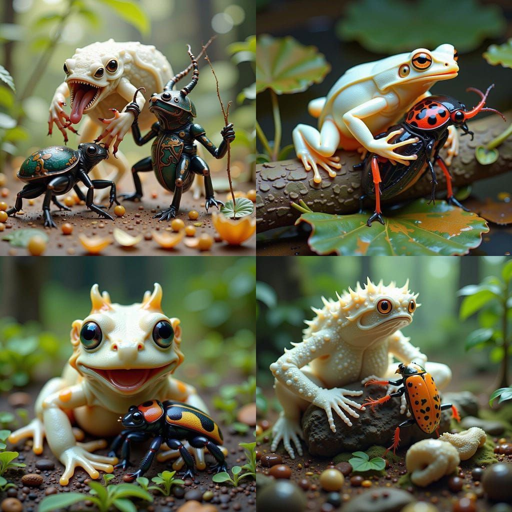 Albino Armored Frog Hunts Beetle in Whimsical Art Nouveau St...