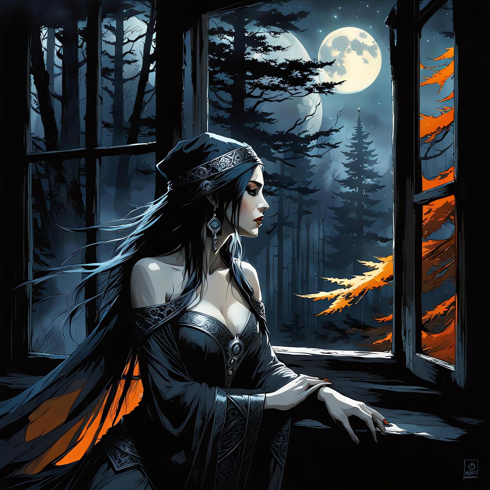 Melancholy Sorceress Gaze: Charcoal Sketch in Moonlight