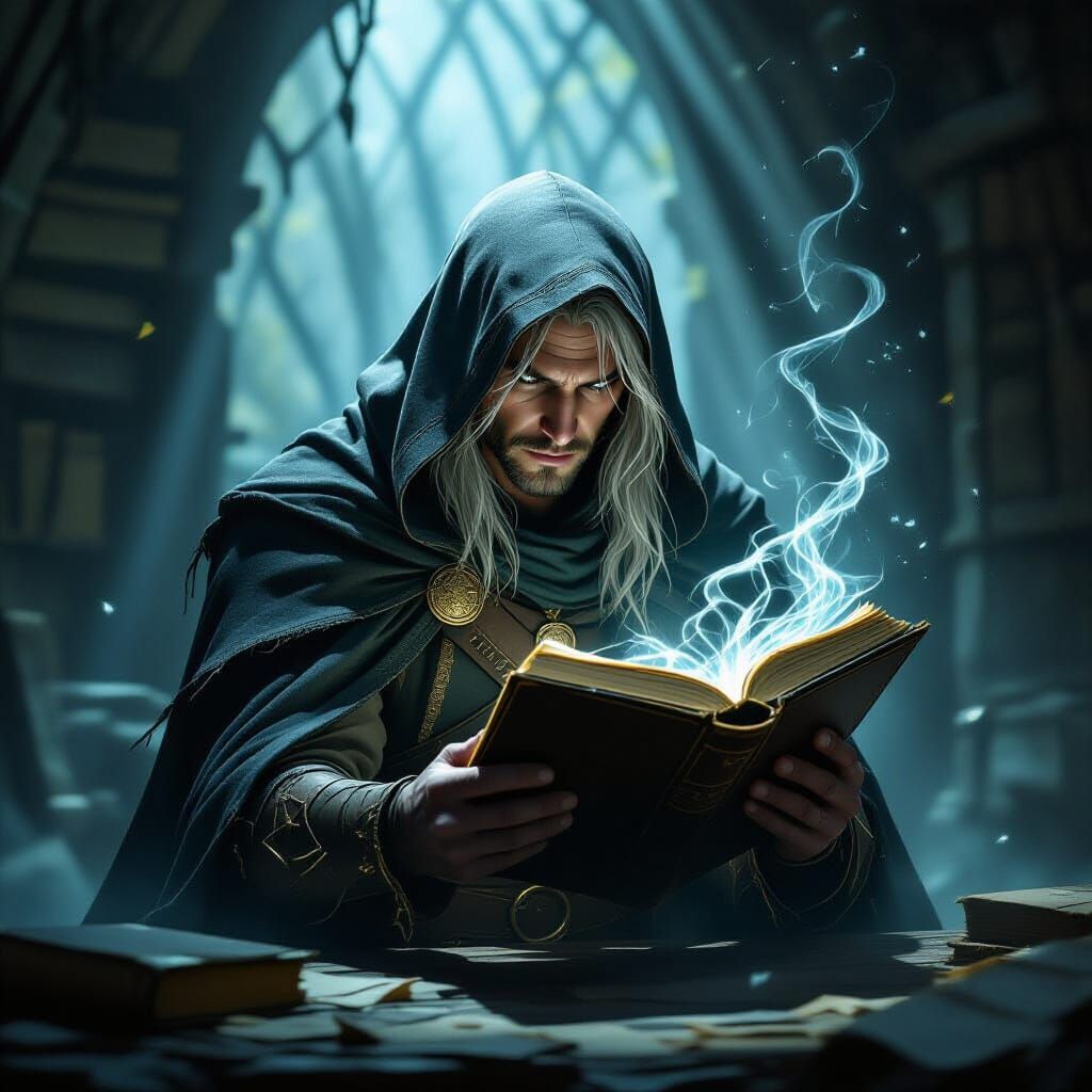 Shadowy Half-Elf Rogue Uncovers Ancient Tome in Dark Fantasy...