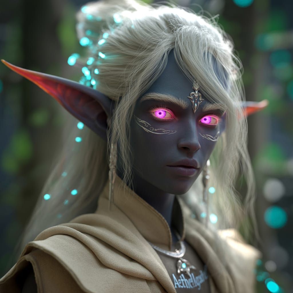 Elegant Dark Elf Portrait in Bioluminescent Forest