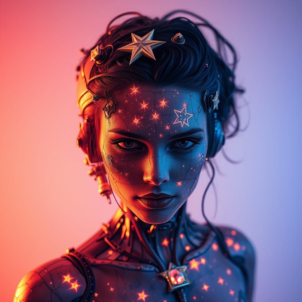 Dystopian Cyberpunk Stars Woman in Vibrant Textured Acrylic
