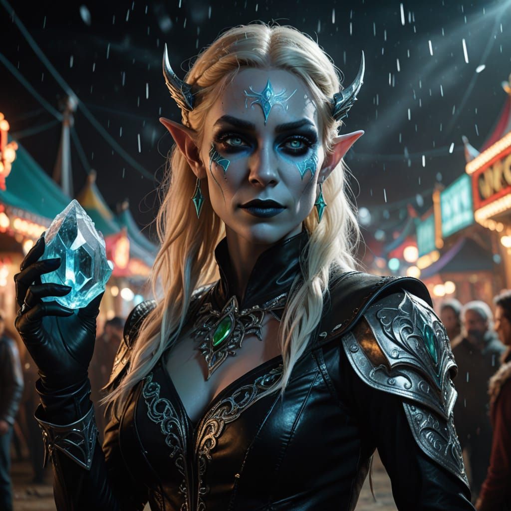 Drow Enchantress Conjures Crystal Magic in a Vibrant Circus