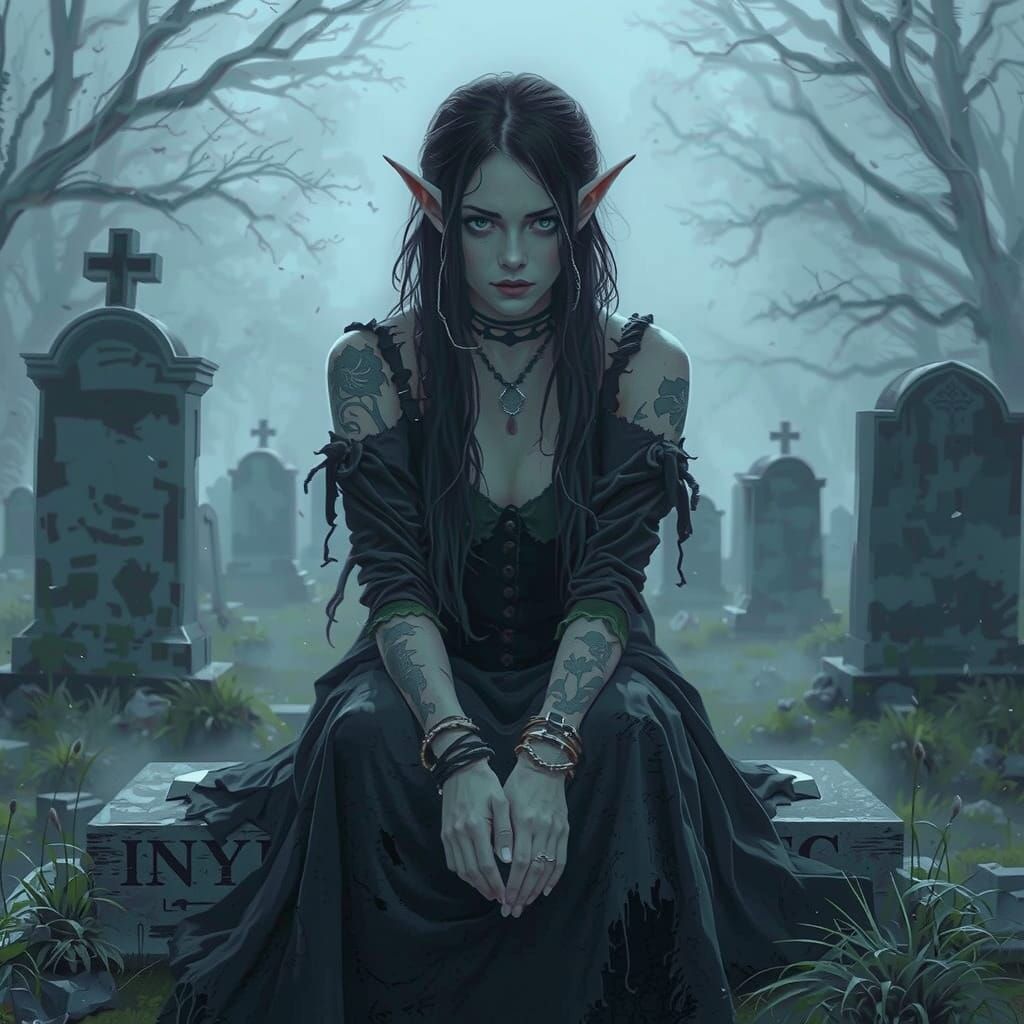 Ethereal Emo Elf in Misty Cemetery, Rutkowski Style