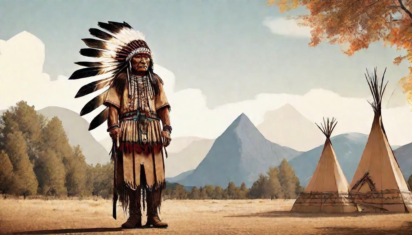 Native American Chief Among Tipis and Mountains