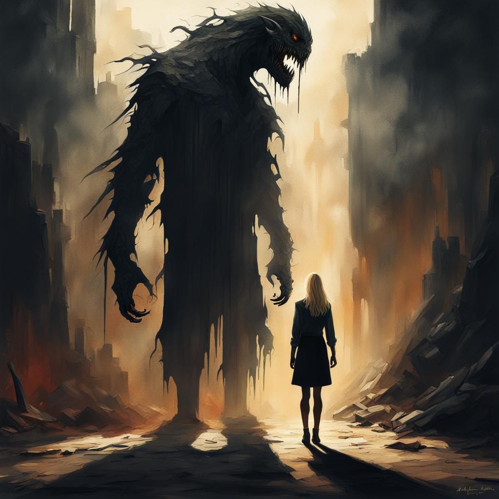 Woman Confronts Shadow Creature: Acrylic Painting