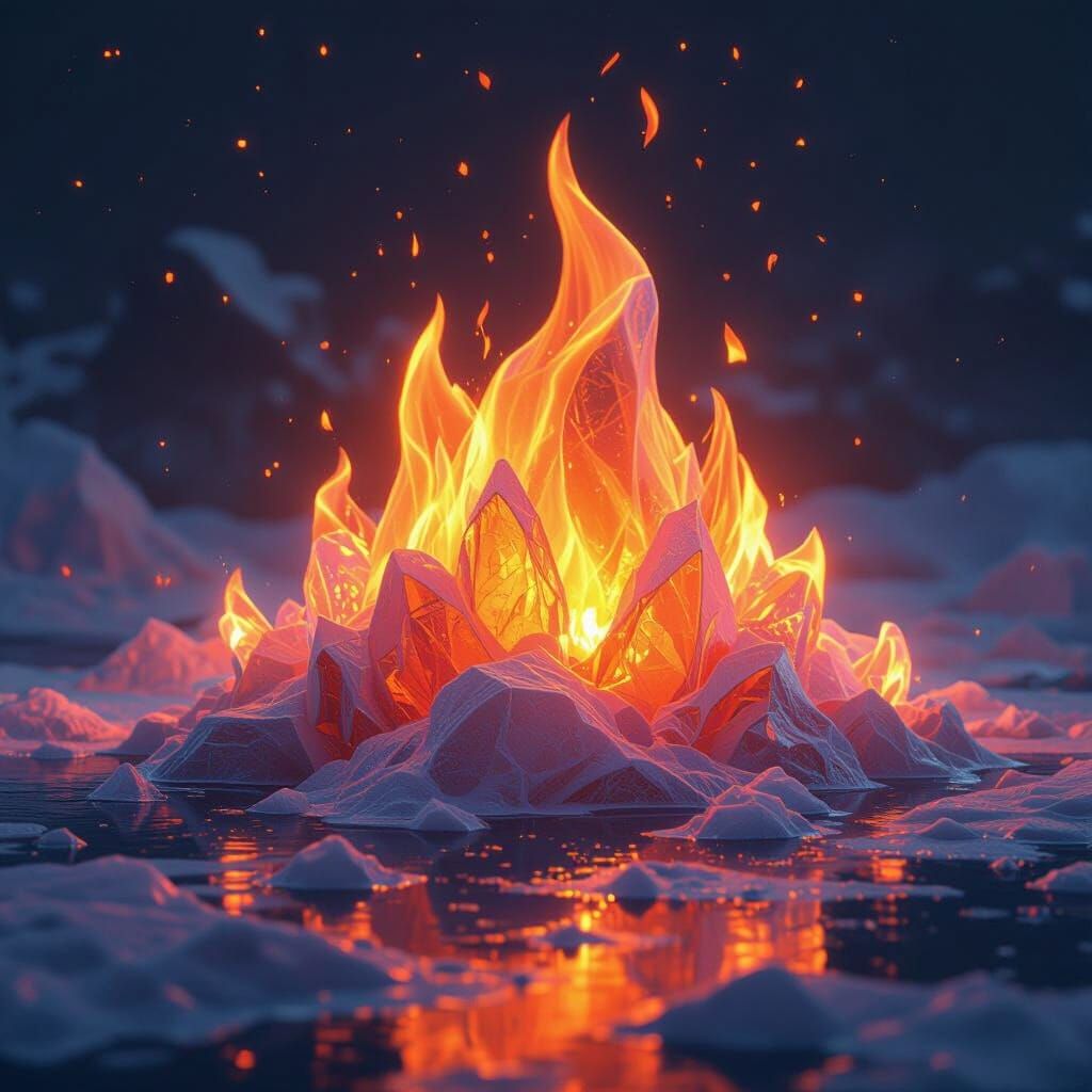 Hyperrealistic Crystallized Ice Flames with Orange Hues
