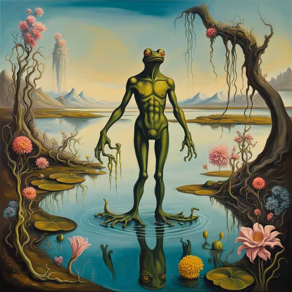humanoid frogman, sharp claws, long tail, swamp, flowers,