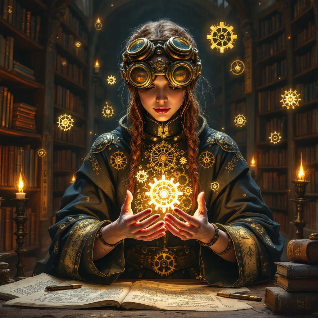 Gearforged Sage: Ancient Lore in Mixed Media