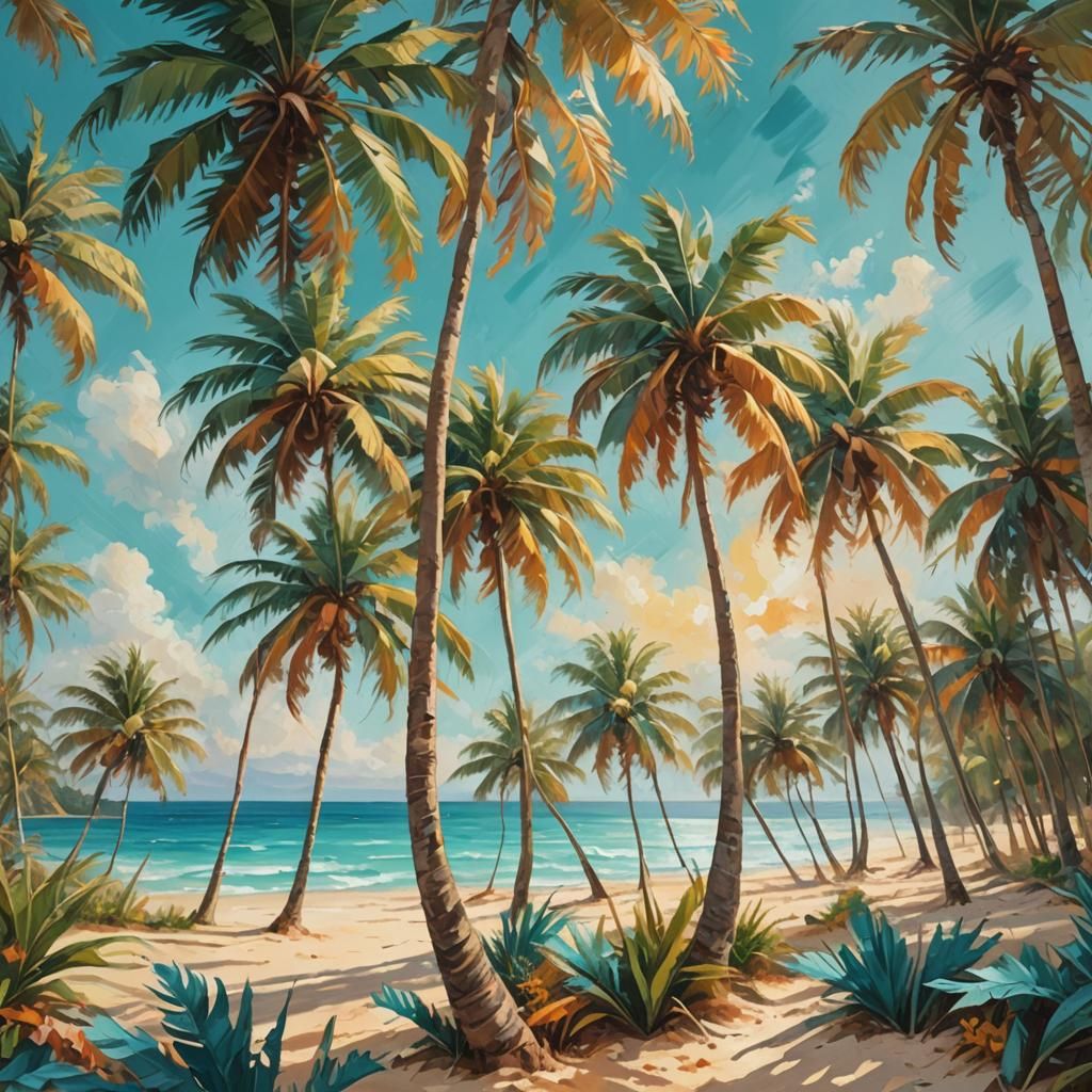 Idyllic Tropical Beach Oil Painting in Triadic Colors