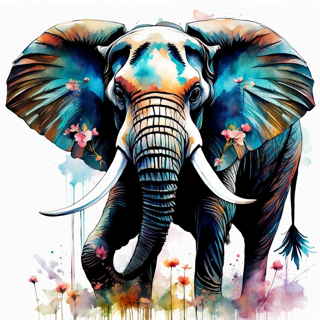 Watercolor Fantasy Elephant-Bird Hybrid Illustration