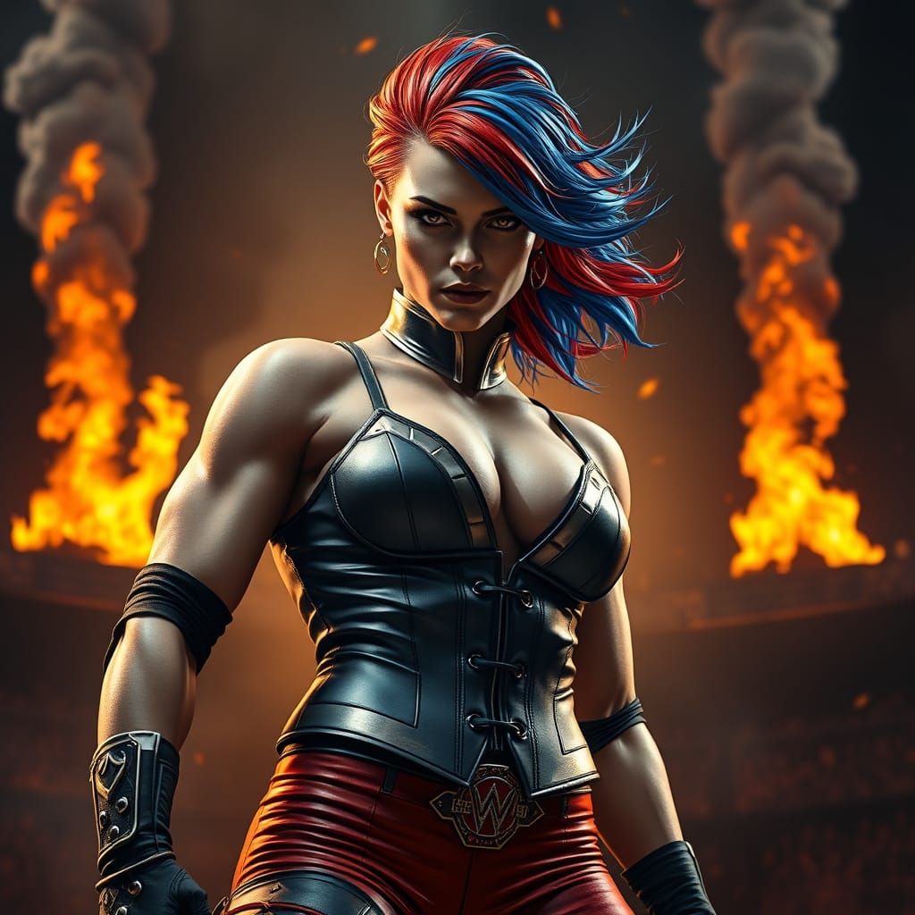 Muscular Female Wrestler in Dramatic Arena