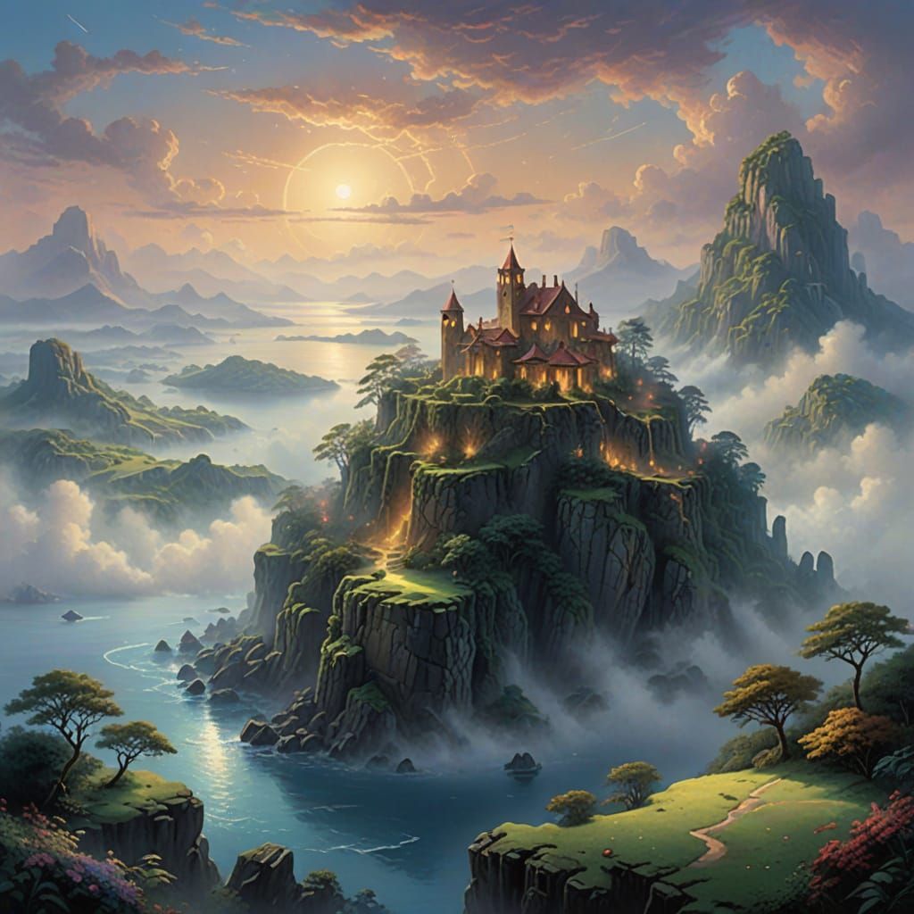 Ethereal Island in Sky, Luminescent Flora, Ancient Ruins