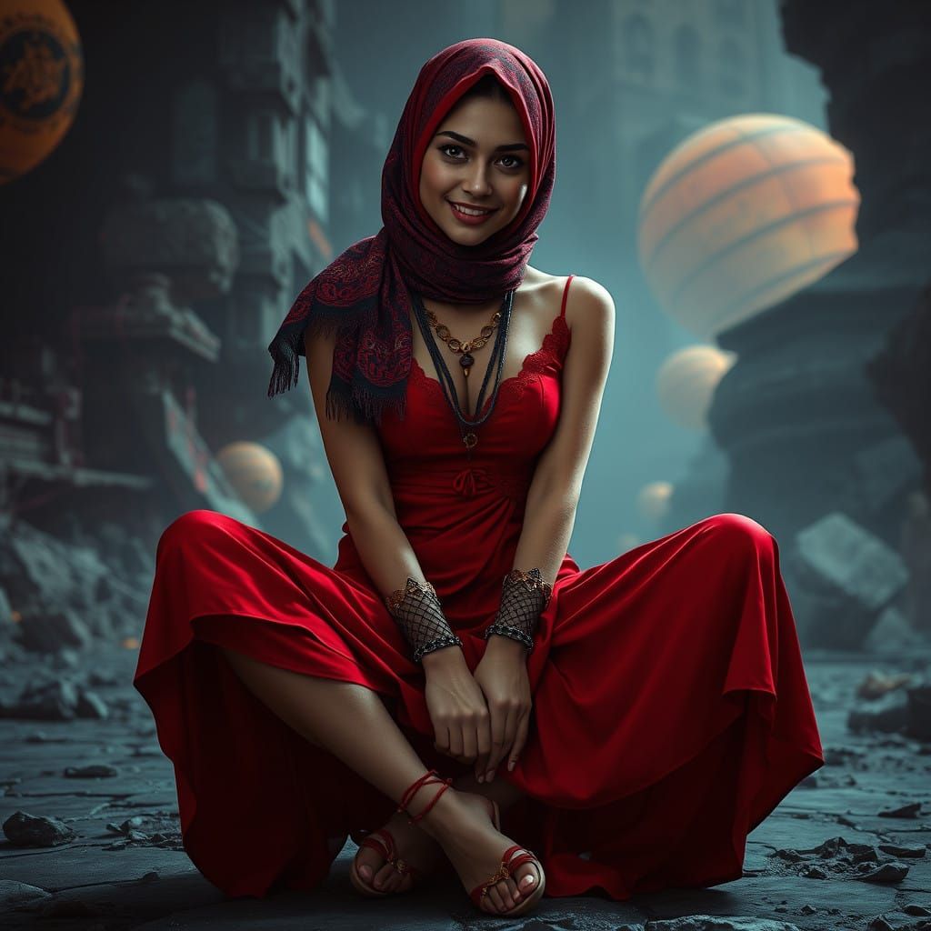 Confident Dystopian Beauty in Red Dress and Latex Hijab