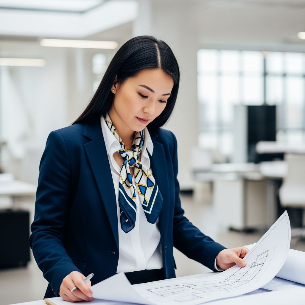 Confident Architect Reviews Blueprints in Modern Office