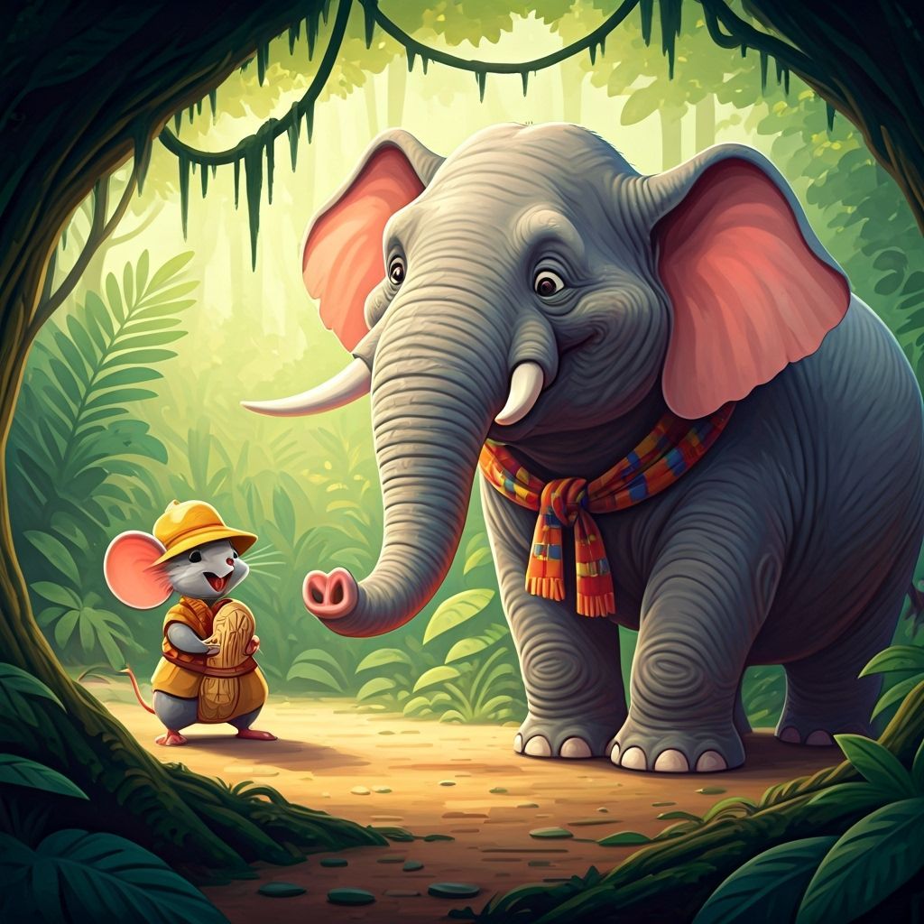 Friendly Mouse Offers Peanut to Elephant in Vibrant Jungle C...